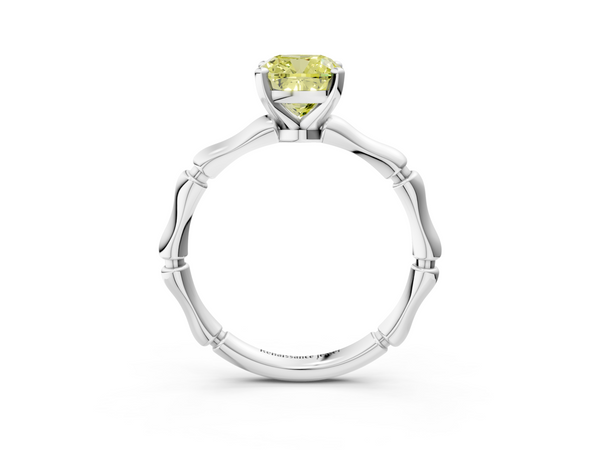 Platinum Fancy Yellow Cushion  Solitaire Diamond Ring with Bamboo Band and Four-Prong Setting