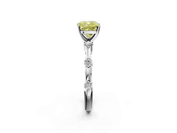 Platinum Fancy Yellow Cushion  Solitaire Diamond Ring with Bezel Set Side Stones and Prong Setting