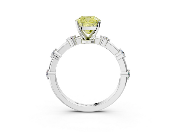 Platinum Fancy Yellow Cushion  Solitaire Diamond Ring with Bezel Set Side Stones and Prong Setting