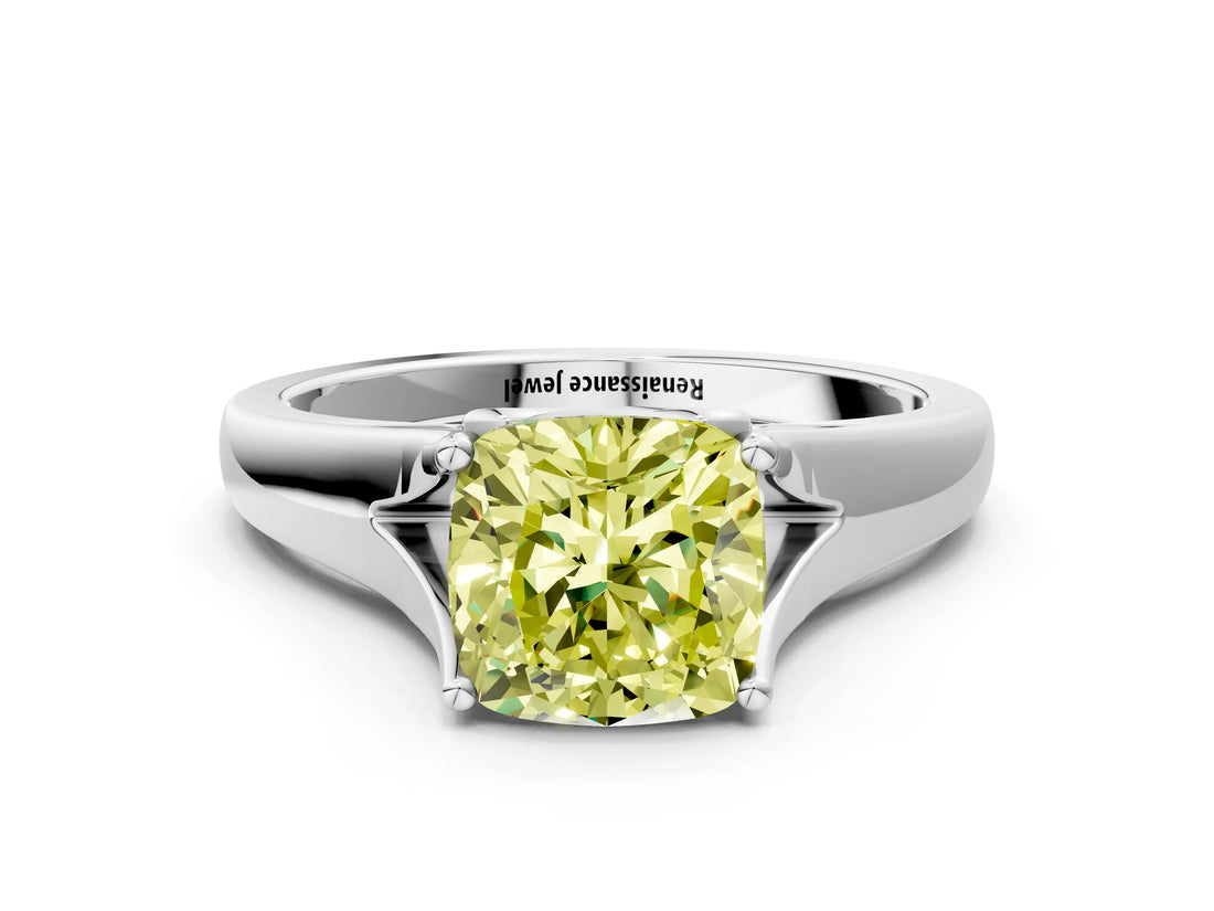 White gold Fancy Yellow Cushion  Solitaire Diamond Ring with Cathedral Band and Four-Prong Setting_65