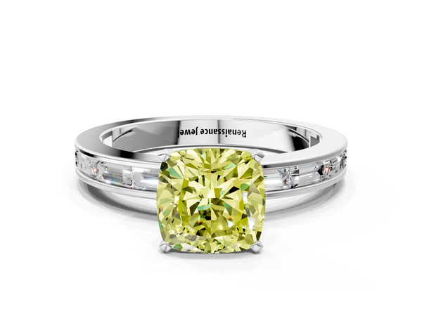 White gold Fancy Yellow Cushion  Solitaire Diamond Ring with Channel-Set Baguette Band and Four-Prong Setting