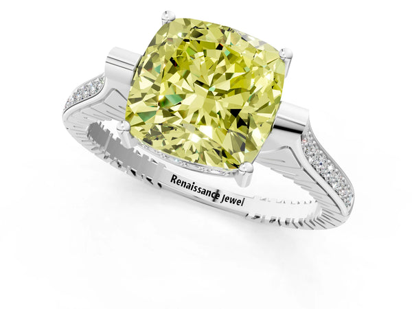 Platinum Fancy Yellow Cushion  Solitaire Diamond Ring with Channel Set Band and Bezel Prong Setting