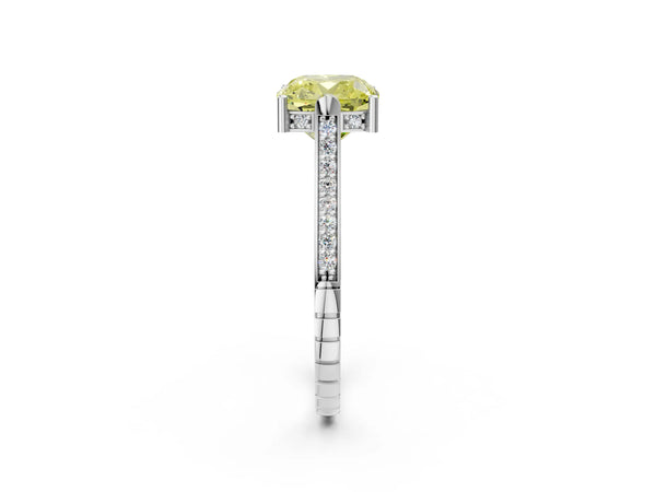 Platinum Fancy Yellow Cushion  Solitaire Diamond Ring with Channel Set Band and Bezel Prong Setting