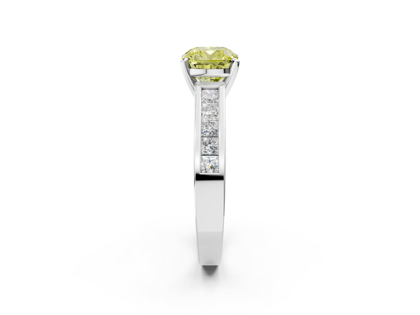 White gold Fancy Yellow Cushion  Solitaire Diamond Ring with Channel-Set Band and Four-Prong Setting