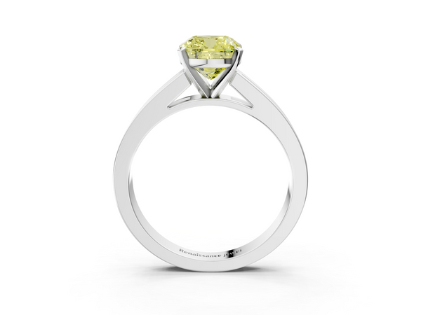 White gold Fancy Yellow Cushion  Solitaire Diamond Ring with Channel-Set Band and Four-Prong Setting