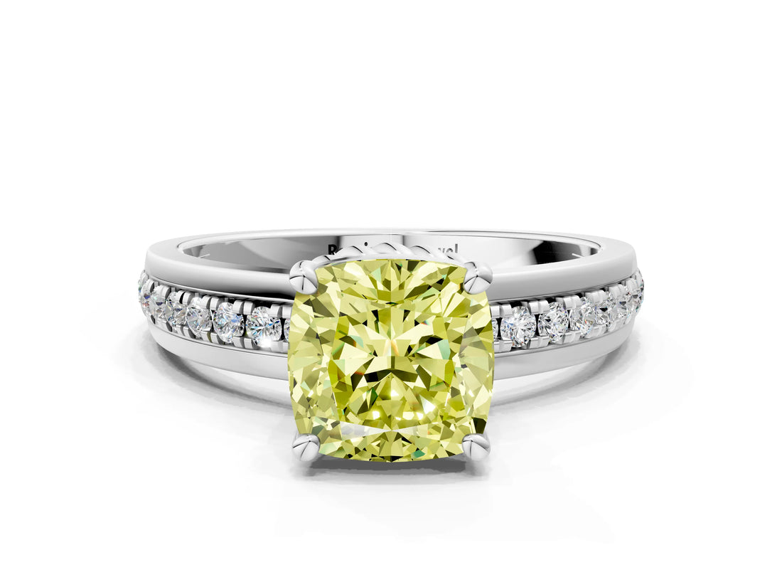 White gold Fancy Yellow Cushion  Solitaire Diamond Ring with Channel Set Band and Six-Prong Setting_48