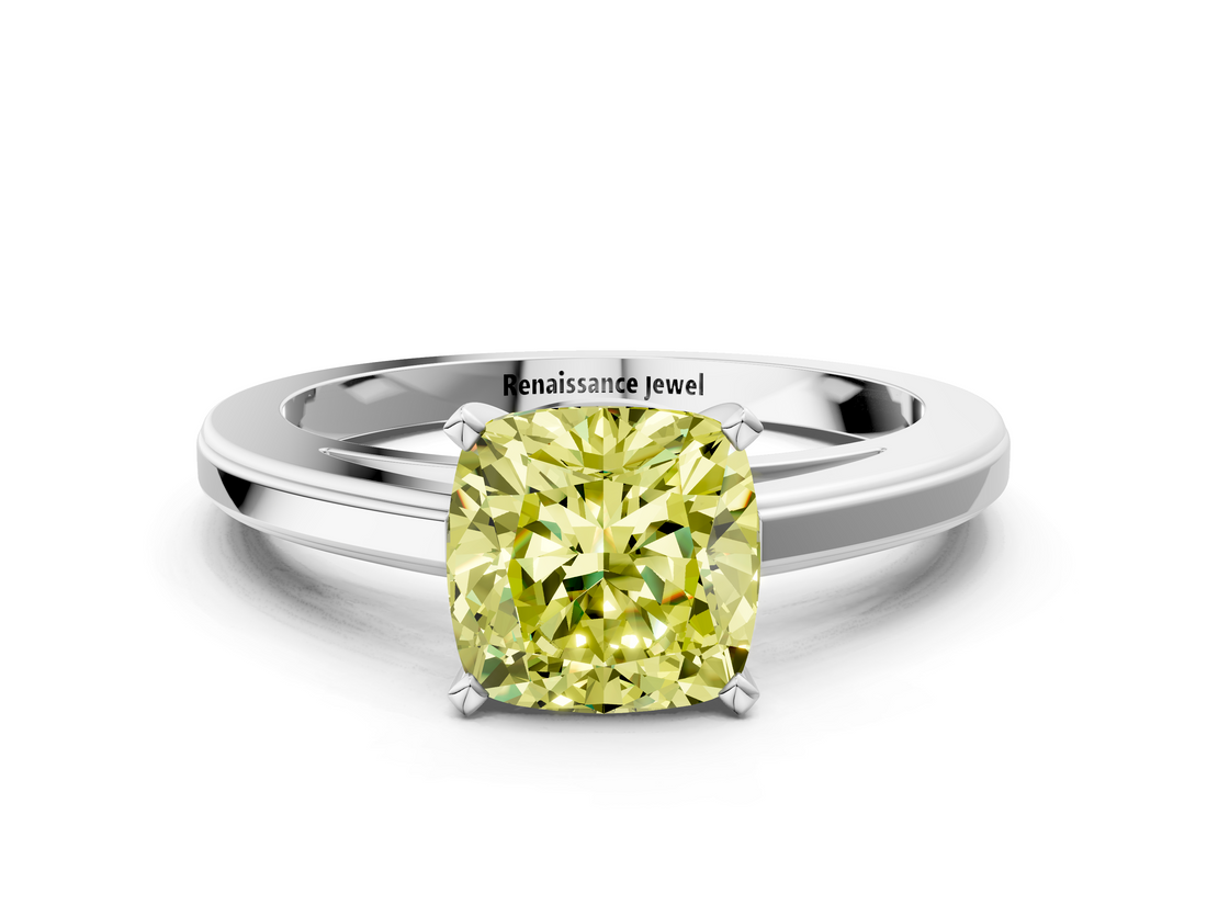 White gold Fancy Yellow Cushion  Solitaire Diamond Ring with Four-Prong Setting and Classic Band_3