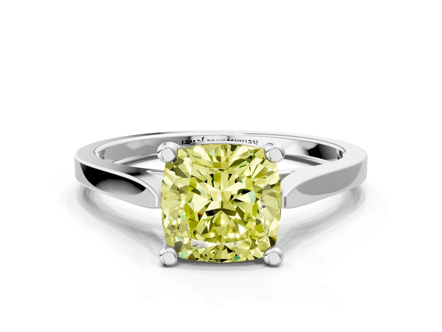 White gold Fancy Yellow Cushion  Solitaire Diamond Ring with Four-Prong Setting and Tapered Band