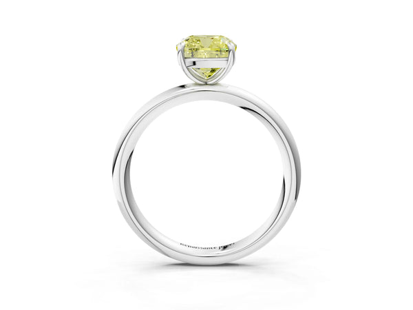 White gold Fancy Yellow Cushion  Solitaire Diamond Ring with Four-Prong Setting on a Plain Band