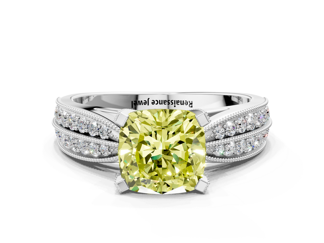 White gold Fancy Yellow Cushion  Solitaire Diamond Ring with Milgrain Pavé Band and Four-Prong Setting_20