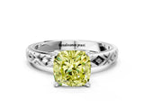 White gold Fancy Yellow Cushion  Solitaire Diamond Ring with Milgrain and Black Enamel X Pattern Band_77