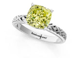 White gold Fancy Yellow Cushion  Solitaire Diamond Ring with Milgrain and Black Enamel X Pattern Band_78