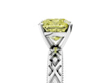 White gold Fancy Yellow Cushion  Solitaire Diamond Ring with Milgrain and Black Enamel X Pattern Band_82