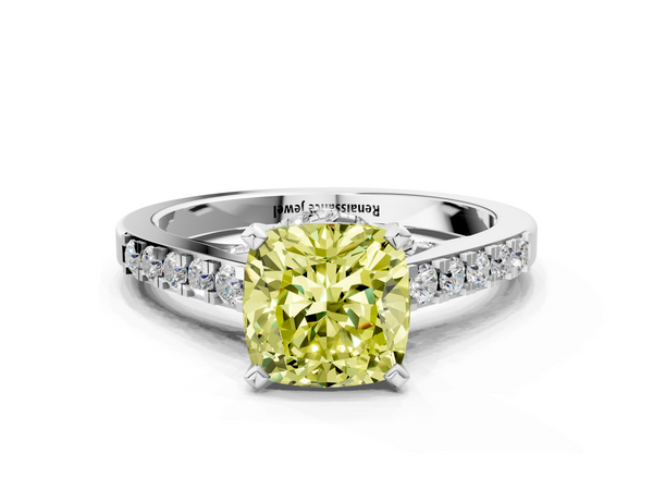 White gold Fancy Yellow Cushion  Diamond Solitaire Ring with Pavé Band and Prong Setting