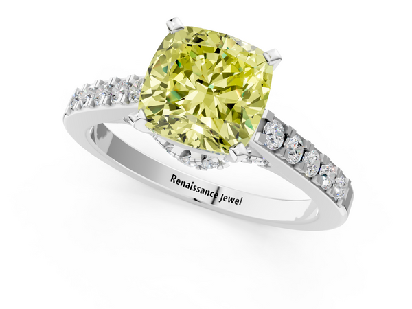 White gold Fancy Yellow Cushion  Diamond Solitaire Ring with Pavé Band and Prong Setting