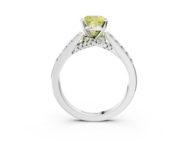 White gold Fancy Yellow Cushion  Diamond Solitaire Ring with Pavé Band and Prong Setting
