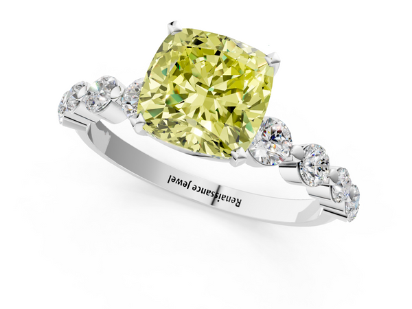 White gold Fancy Yellow Cushion Cut Solitaire Diamond Ring with Pave Band and Four-Prong Setting