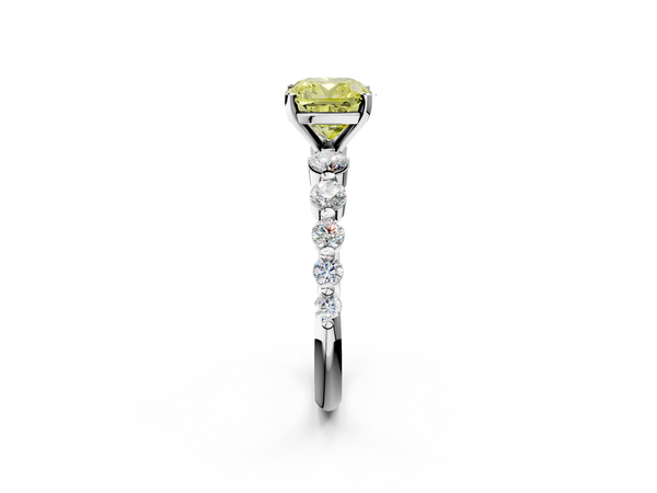 White gold Fancy Yellow Cushion Cut Solitaire Diamond Ring with Pave Band and Four-Prong Setting