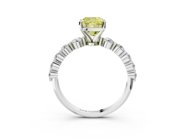 White gold Fancy Yellow Cushion Cut Solitaire Diamond Ring with Pave Band and Four-Prong Setting