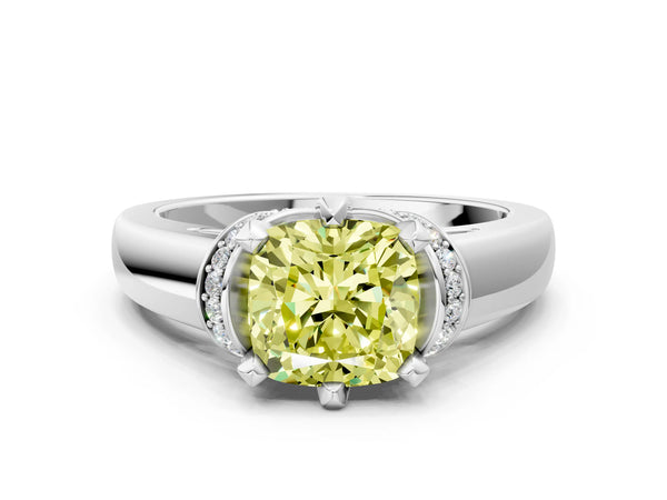 Platinum Fancy Yellow Cushion  Solitaire Diamond Ring with Pave Band and Six-Prong Setting