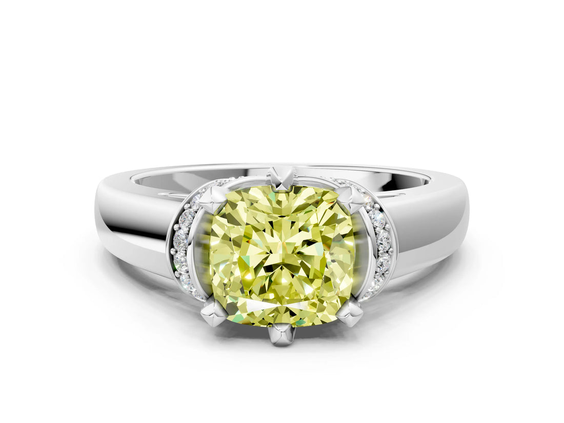 White gold Fancy Yellow Cushion  Solitaire Diamond Ring with Pave Band and Six-Prong Setting_32