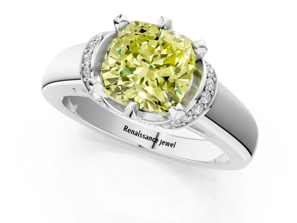 Platinum Fancy Yellow Cushion  Solitaire Diamond Ring with Pave Band and Six-Prong Setting
