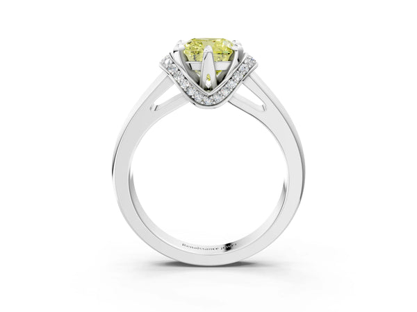 Platinum Fancy Yellow Cushion  Solitaire Diamond Ring with Pave Band and Six-Prong Setting