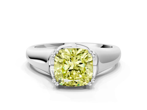 White gold Fancy Yellow Cushion Cut Diamond Solitaire Ring with Wide Band and Prong Setting