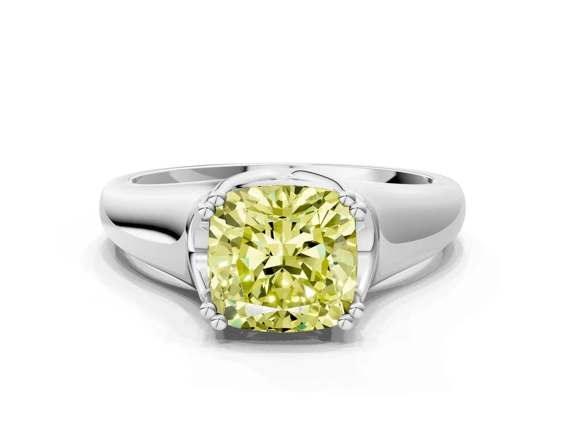 White gold Fancy Yellow Cushion  Solitaire Diamond Ring with Six-Prong Cathedral Setting_32