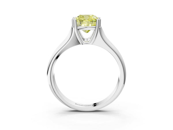 White gold Fancy Yellow Cushion Cut Diamond Solitaire Ring with Wide Band and Prong Setting