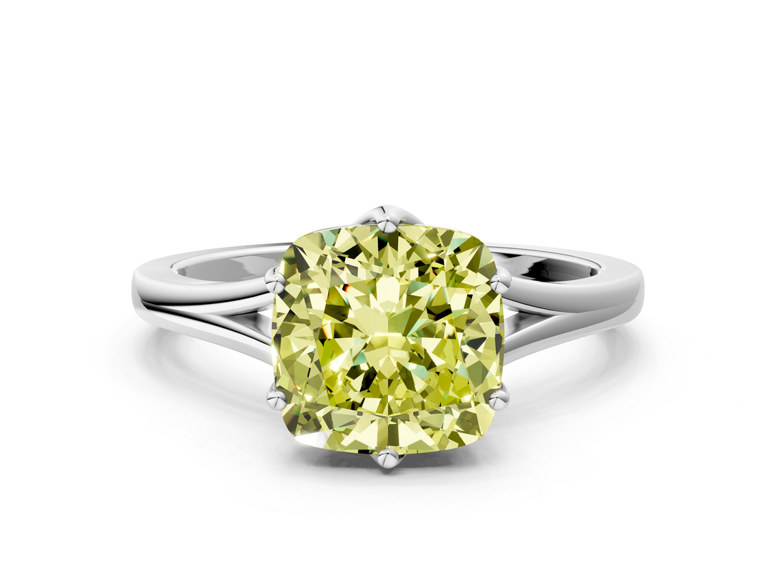 White gold Fancy Yellow Cushion  Solitaire Diamond Ring with Six-Prong Setting and Tapered Band_17
