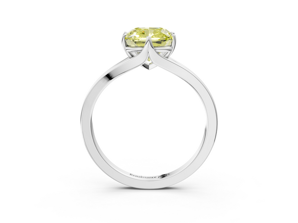 White gold Fancy Yellow Cushion  Solitaire Diamond Ring with Six-Prong Setting and Tapered Band