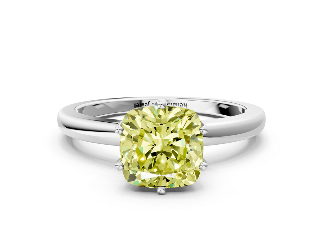 White gold Fancy Yellow Cushion  Solitaire Diamond Ring with Six-Prong Setting on a Classic Band_3
