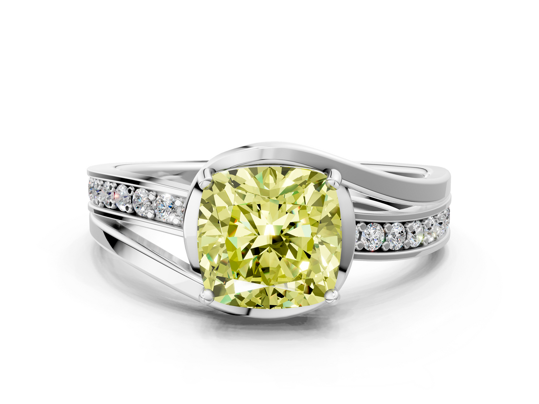 White gold Fancy Yellow Cushion  Solitaire Diamond Ring with Split Shank and Prong Setting_40