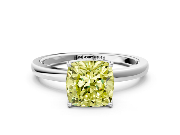 White gold Fancy Yellow Cushion  Solitaire Diamond Ring with Thin Band and Four-Prong Setting