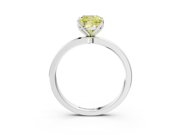 White gold Fancy Yellow Cushion  Solitaire Diamond Ring with Thin Band and Four-Prong Setting