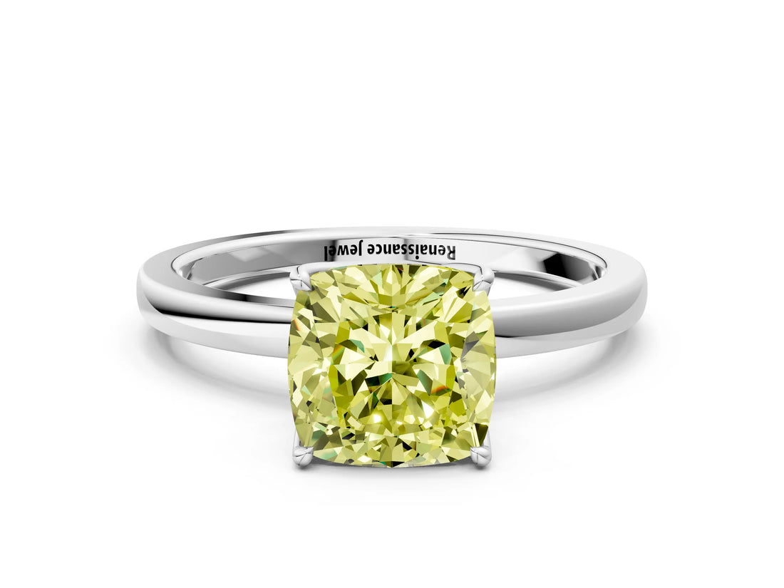 White gold Fancy Yellow Cushion  Solitaire Diamond Ring with Thin Band and Four-Prong Setting_96