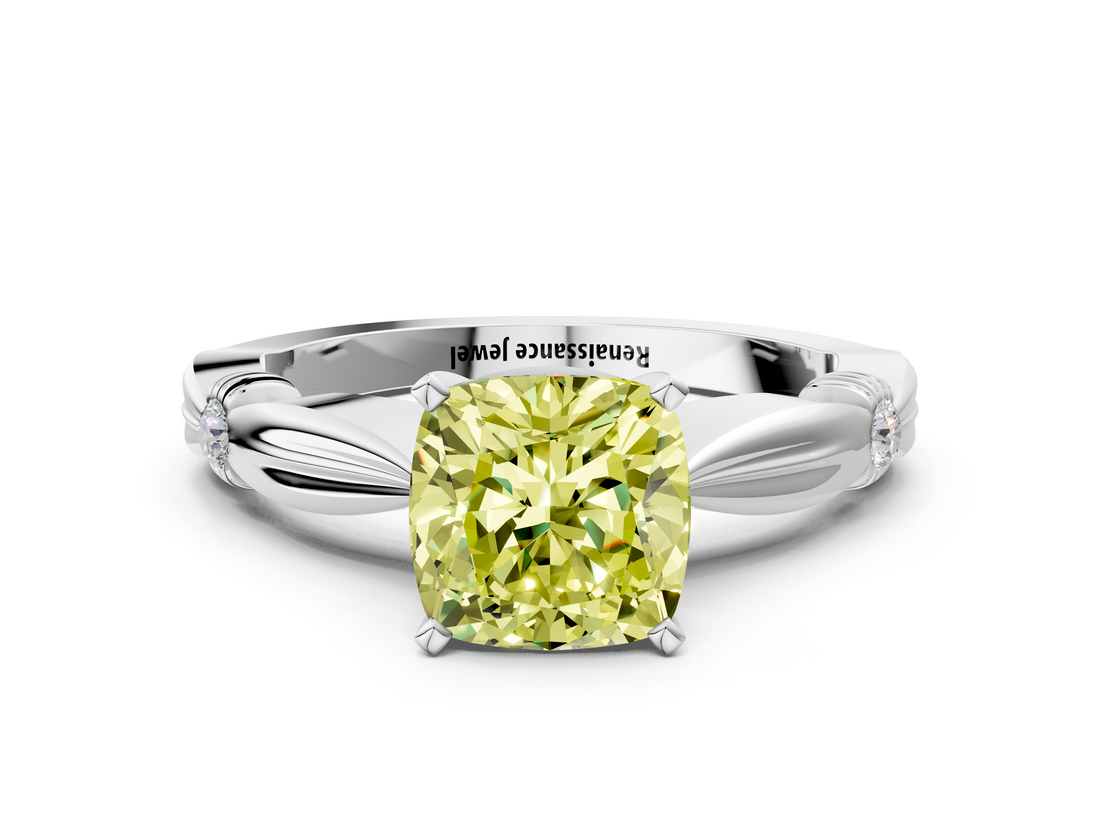 White gold Fancy Yellow Cushion  Solitaire Diamond Twisted Band with Four-Prong Setting_47