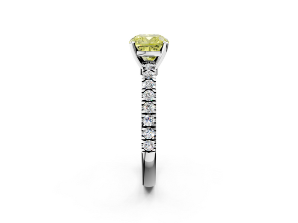 Platinum Fancy Yellow Cushion  Solitaire Diamond with Pavé Band and Four-Prong Setting
