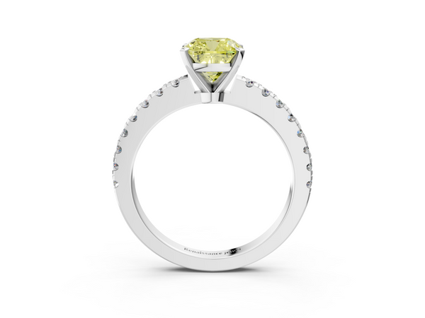 Platinum Fancy Yellow Cushion  Solitaire Diamond with Pavé Band and Four-Prong Setting