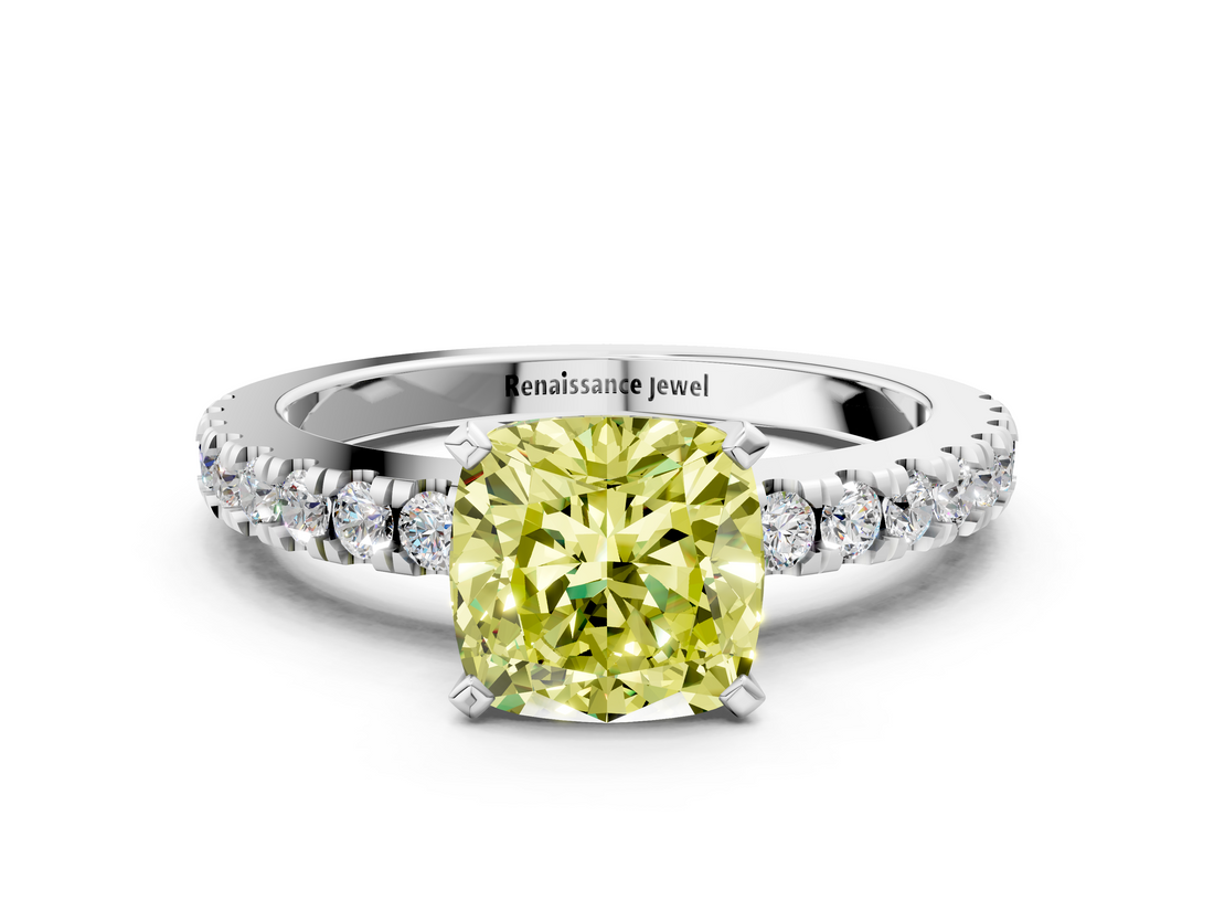White gold Fancy Yellow Cushion  Solitaire Diamond with Pavé Band and Four-Prong Setting_32