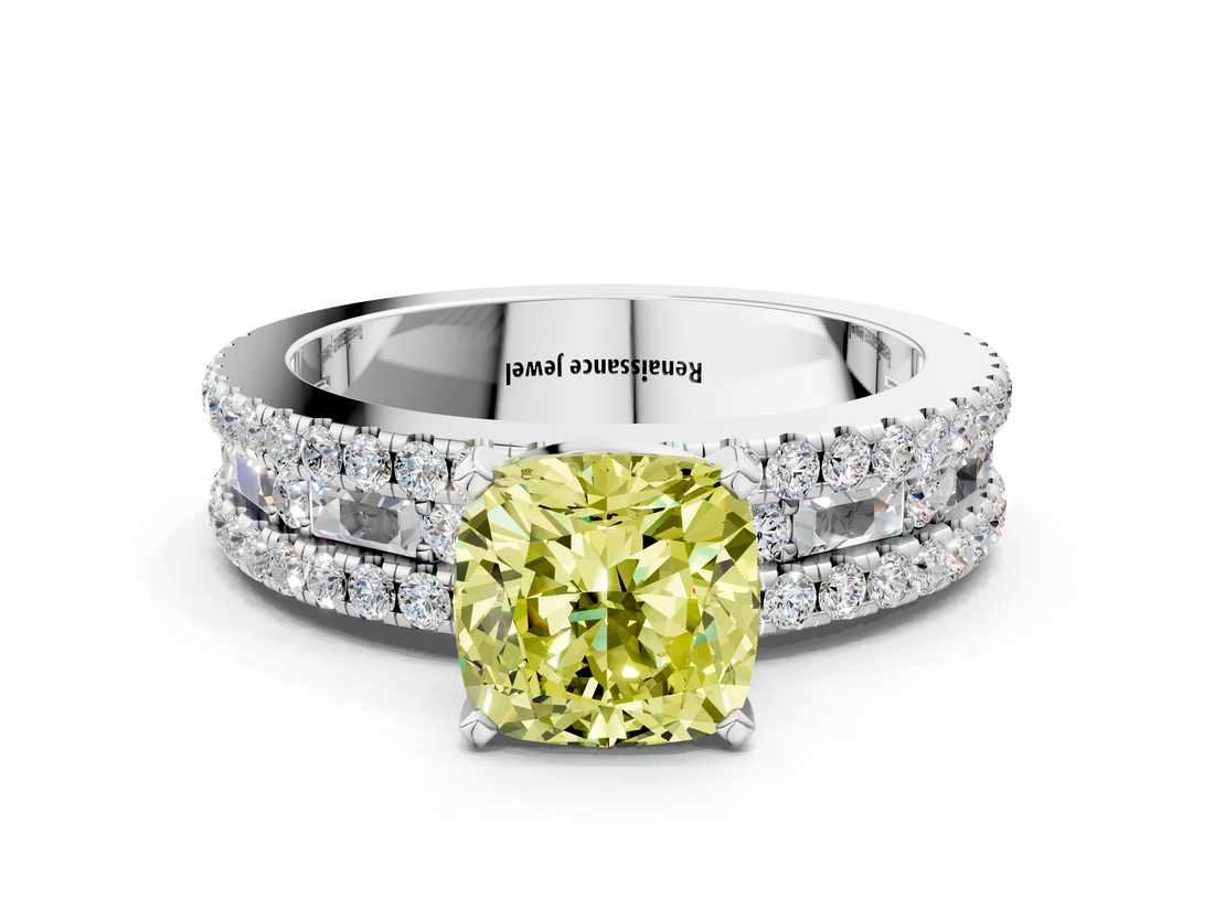 White gold Fancy Yellow Cushion  Solitaire Diamond with Pave and Channel Set Band_61