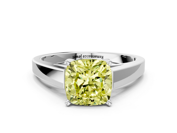 White gold Fancy Yellow Cushion  Solitaire Engagement Ring with Four-Prong Setting and Tapered Band