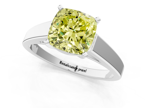 White gold Fancy Yellow Cushion  Solitaire Engagement Ring with Four-Prong Setting and Tapered Band