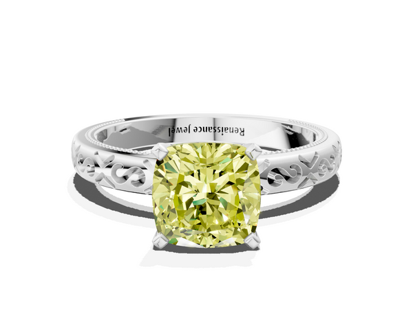 Platinum Fancy Yellow Cushion  Solitaire Engagement Ring with Scrollwork Band and Four-Prong Setting