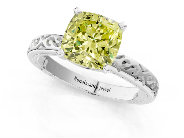 Platinum Fancy Yellow Cushion  Solitaire Engagement Ring with Scrollwork Band and Four-Prong Setting