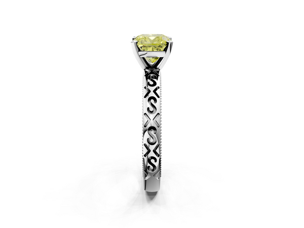 Platinum Fancy Yellow Cushion  Solitaire Engagement Ring with Scrollwork Band and Four-Prong Setting