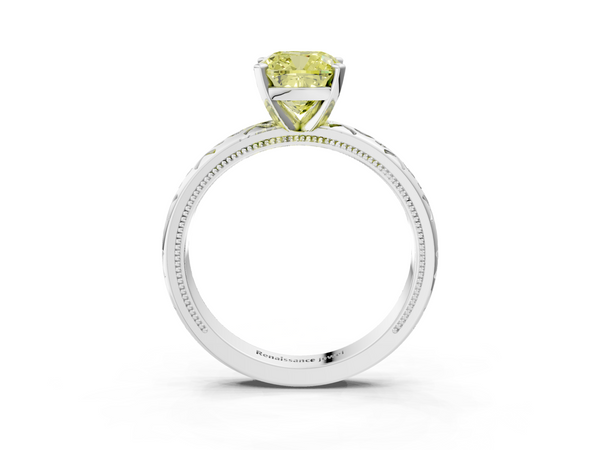 Platinum Fancy Yellow Cushion  Solitaire Engagement Ring with Scrollwork Band and Four-Prong Setting