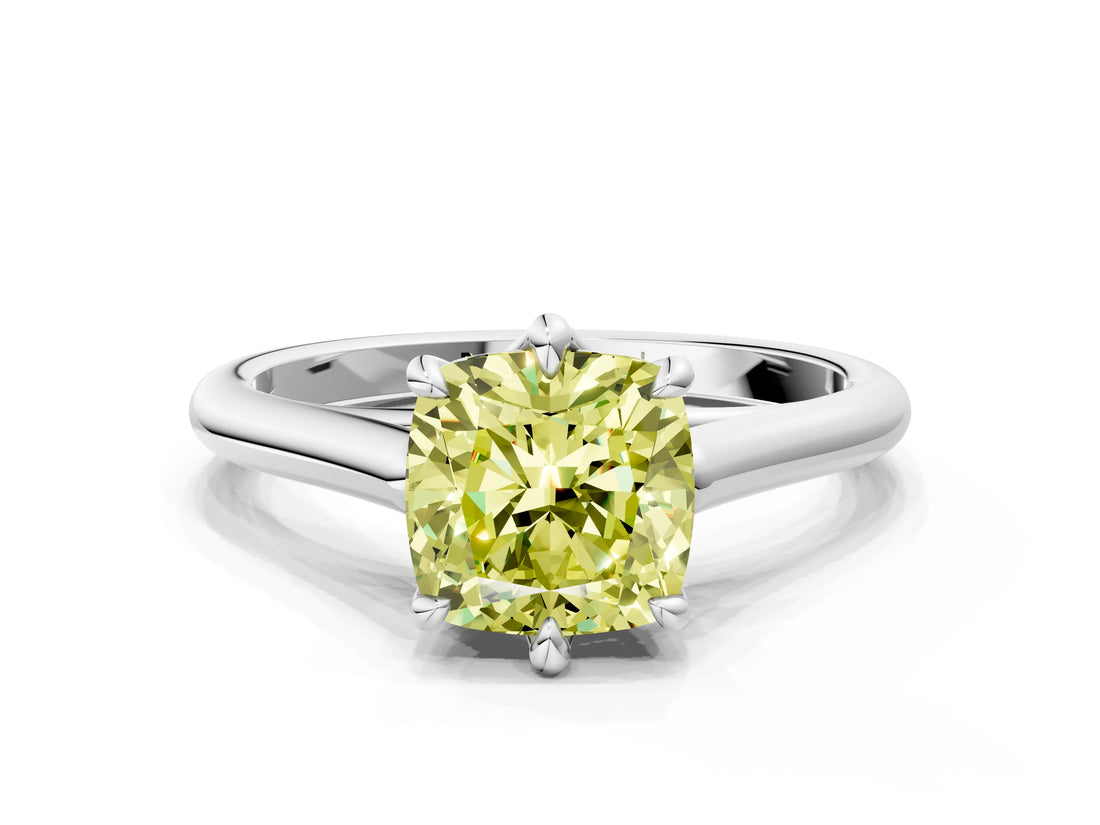 White gold Fancy Yellow Cushion  Solitaire Engagement Ring with Six-Prong Setting and Classic Band