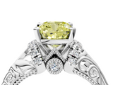White gold Fancy Yellow Cushion  Solitaire Filigree Engagement Ring with Halo and Prong Setting_70